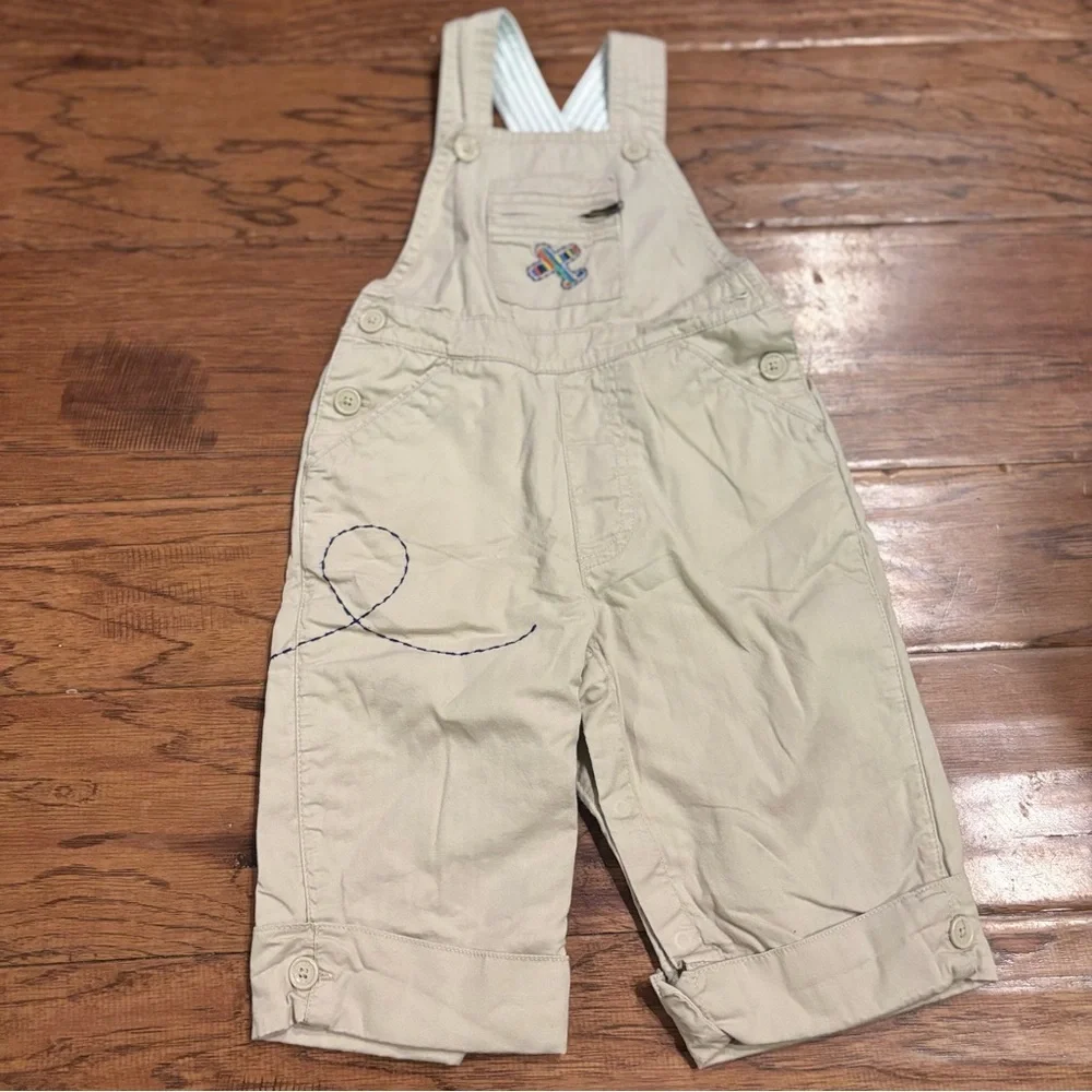 Vintage Gap 2003 Khaki Overalls with Embroidered Airplane — 6-12 months